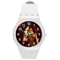 Steampunk, Beautiful Steampunk Lady With Clocks And Gears Round Plastic Sport Watch (m) by FantasyWorld7