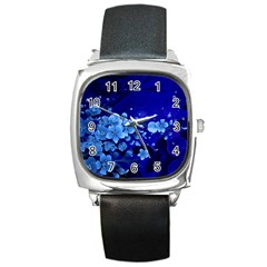 Floral Design, Cherry Blossom Blue Colors Square Metal Watch by FantasyWorld7