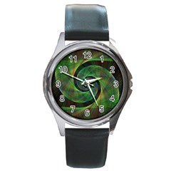 Green Spiral Fractal Wired Round Metal Watch by Nexatart