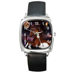 Steampunk Wonderful Wild Horse With Clocks And Gears Square Metal Watch by FantasyWorld7