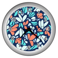 Blue Tossed Flower Floral Wall Clocks (silver)  by Mariart