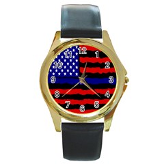 Flag American Line Star Red Blue White Black Beauty Round Gold Metal Watch by Mariart