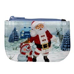 Funny Santa Claus With Snowman Large Coin Purse by FantasyWorld7