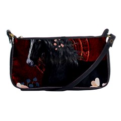 Awesmoe Black Horse With Flowers On Red Background Shoulder Clutch Bags by FantasyWorld7