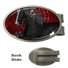 Awesmoe Black Horse With Flowers On Red Background Money Clips (oval)  by FantasyWorld7