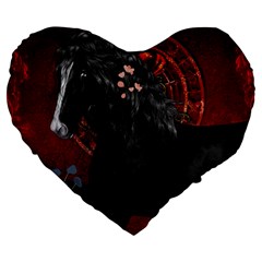 Awesmoe Black Horse With Flowers On Red Background Large 19  Premium Heart Shape Cushions by FantasyWorld7