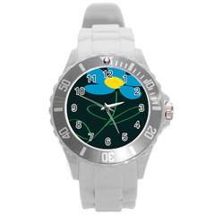 Whimsical Blue Flower Green Sexy Round Plastic Sport Watch (l)