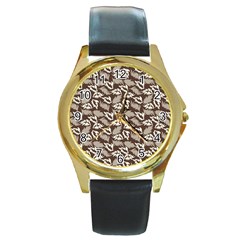 Dried Leaves Grey White Camuflage Summer Round Gold Metal Watch by Mariart