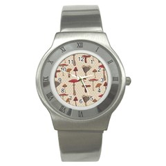 Mushroom Madness Red Grey Brown Polka Dots Stainless Steel Watch by Mariart