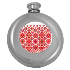 Plaid Red Star Flower Floral Fabric Round Hip Flask (5 Oz) by Mariart