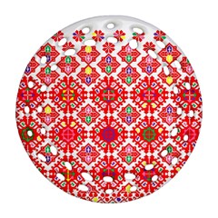Plaid Red Star Flower Floral Fabric Round Filigree Ornament (two Sides) by Mariart