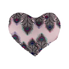 Peacock Feather Pattern Pink Love Heart Standard 16  Premium Flano Heart Shape Cushions