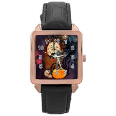 Funny Mummy With Skulls, Crow And Pumpkin Rose Gold Leather Watch  by FantasyWorld7