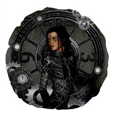 Steampunk, Steampunk Lady, Clocks And Gears In Silver Large 18  Premium Round Cushions by FantasyWorld7