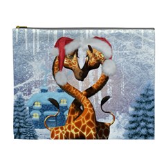 Christmas, Giraffe In Love With Christmas Hat Cosmetic Bag (xl) by FantasyWorld7