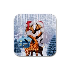 Christmas, Giraffe In Love With Christmas Hat Rubber Square Coaster (4 Pack)  by FantasyWorld7