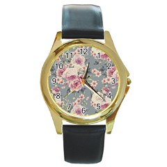 Pink Flower Seamless Design Floral Round Gold Metal Watch
