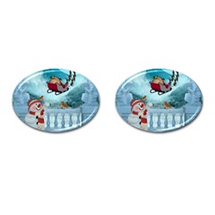 Christmas Design, Santa Claus With Reindeer In The Sky Cufflinks (oval) by FantasyWorld7