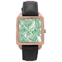 Jungle Fever Green Leaves Rose Gold Leather Watch 