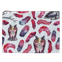 Boho Owl And Feather White Pattern Cosmetic Bag (xxl)  by paulaoliveiradesign