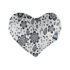 Grayscale Floral Heart Background Standard 16  Premium Flano Heart Shape Cushions