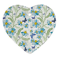 Flower Blue Butterfly Leaf Green Ornament (heart) by Mariart