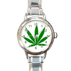 Marijuana Weed Drugs Neon Cannabis Green Leaf Sign Round Italian Charm Watch by Mariart