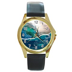 Sea Wave Waves Beach Water Blue Sky Round Gold Metal Watch by Mariart