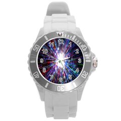 Seamless Animation Of Abstract Colorful Laser Light And Fireworks Rainbow Round Plastic Sport Watch (l)