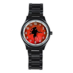 Dancing Couple On Red Background With Flowers And Hearts Stainless Steel Round Watch by FantasyWorld7