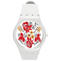 Flower Red Rose Star Floral Yellow Black Leaf Round Plastic Sport Watch (m) by Mariart