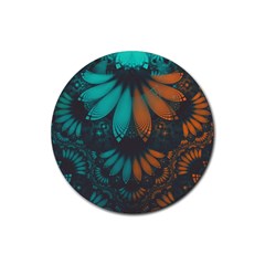 Beautiful Teal And Orange Paisley Fractal Feathers Rubber Coaster (round)  by jayaprime