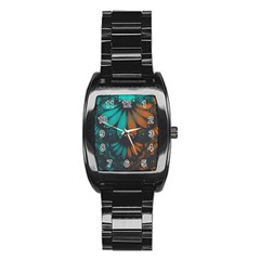 Beautiful Teal And Orange Paisley Fractal Feathers Stainless Steel Barrel Watch by jayaprime