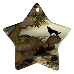 The Lonely Wolf On The Flying Rock Star Ornament (two Sides) by FantasyWorld7