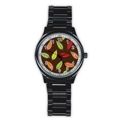Autumn Leaves Pattern Stainless Steel Round Watch