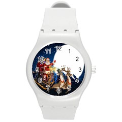 Christmas Reindeer Santa Claus Snow Night Moon Blue Sky Round Plastic Sport Watch (m) by Alisyart