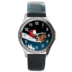 Christmas Reindeer Santa Claus Snow Star Blue Sky Round Metal Watch