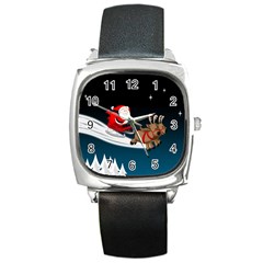 Christmas Reindeer Santa Claus Snow Star Blue Sky Square Metal Watch
