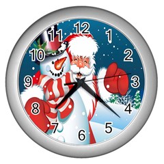 Hello Merry Christmas Santa Claus Snow Blue Sky Wall Clocks (silver)  by Alisyart