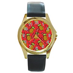 Fruit Pineapple Red Yellow Green Round Gold Metal Watch by Alisyart