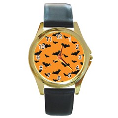 Halloween Bat Animals Night Orange Round Gold Metal Watch by Alisyart