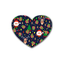 Santa And Rudolph Pattern Rubber Coaster (heart)  by Valentinaart