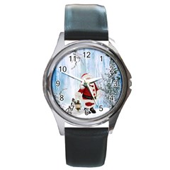 Santa Claus With Funny Penguin Round Metal Watch by FantasyWorld7