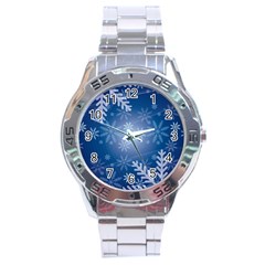 Snowflakes Background Blue Snowy Stainless Steel Analogue Watch by Celenk