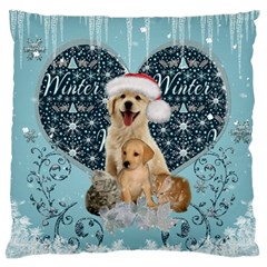 It s Winter And Christmas Time, Cute Kitten And Dogs Large Flano Cushion Case (two Sides) by FantasyWorld7