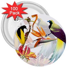 Exotic Birds Of Paradise And Flowers Watercolor 3  Buttons (100 Pack)  by TKKdesignsCo