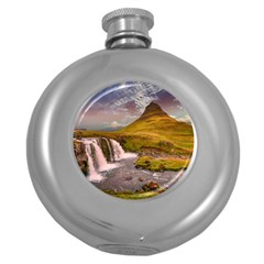Nature Mountains Cliff Waterfall Round Hip Flask (5 Oz) by Celenk