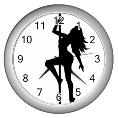 Dance Silhouette Pole Dancing Girl Wall Clocks (silver)  by Alisyart