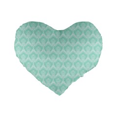 Damask Aqua Green Standard 16  Premium Flano Heart Shape Cushions by snowwhitegirl