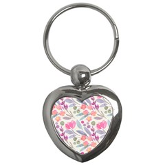 Purple And Pink Cute Floral Pattern Key Chains (heart)  by paulaoliveiradesign